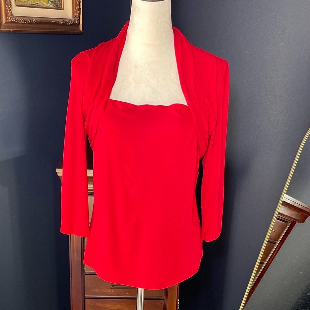 Lafayette 148 New York Red Square Neck Long Sleeve Top Size Large